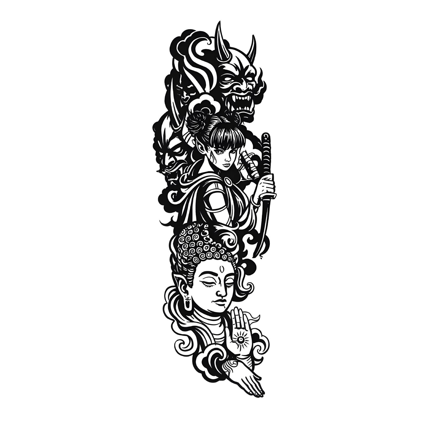 Samurai & Buddha Sleeve Temporary Tattoo | 6 x 18 inch