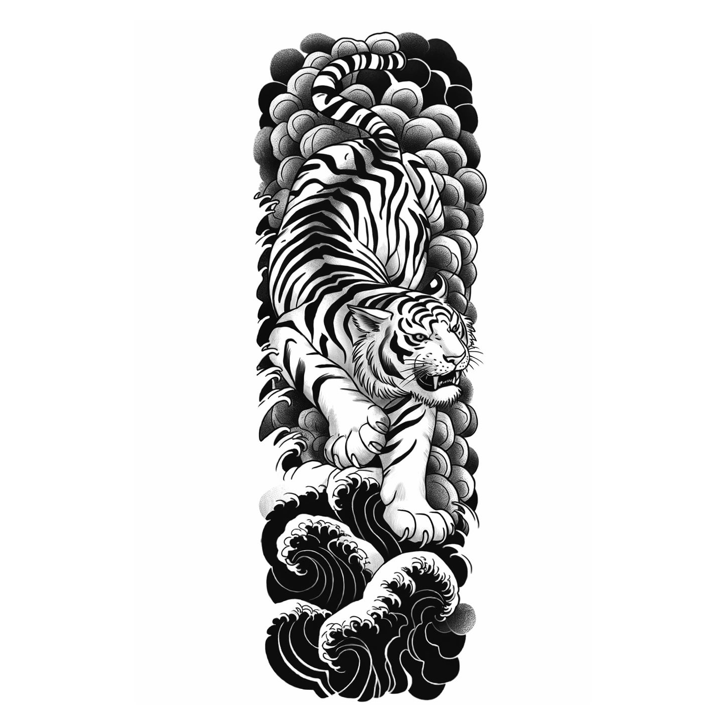Tiger and Wave Sleeve Temporary Tattoo | 6 x 18 inch