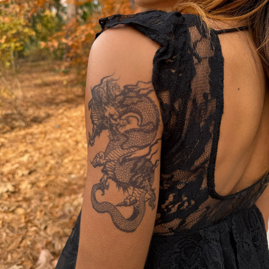 SteezyInk Dragon Temporary Tattoo on arm. Semi-permanent, skin-safe, and expressive body art.