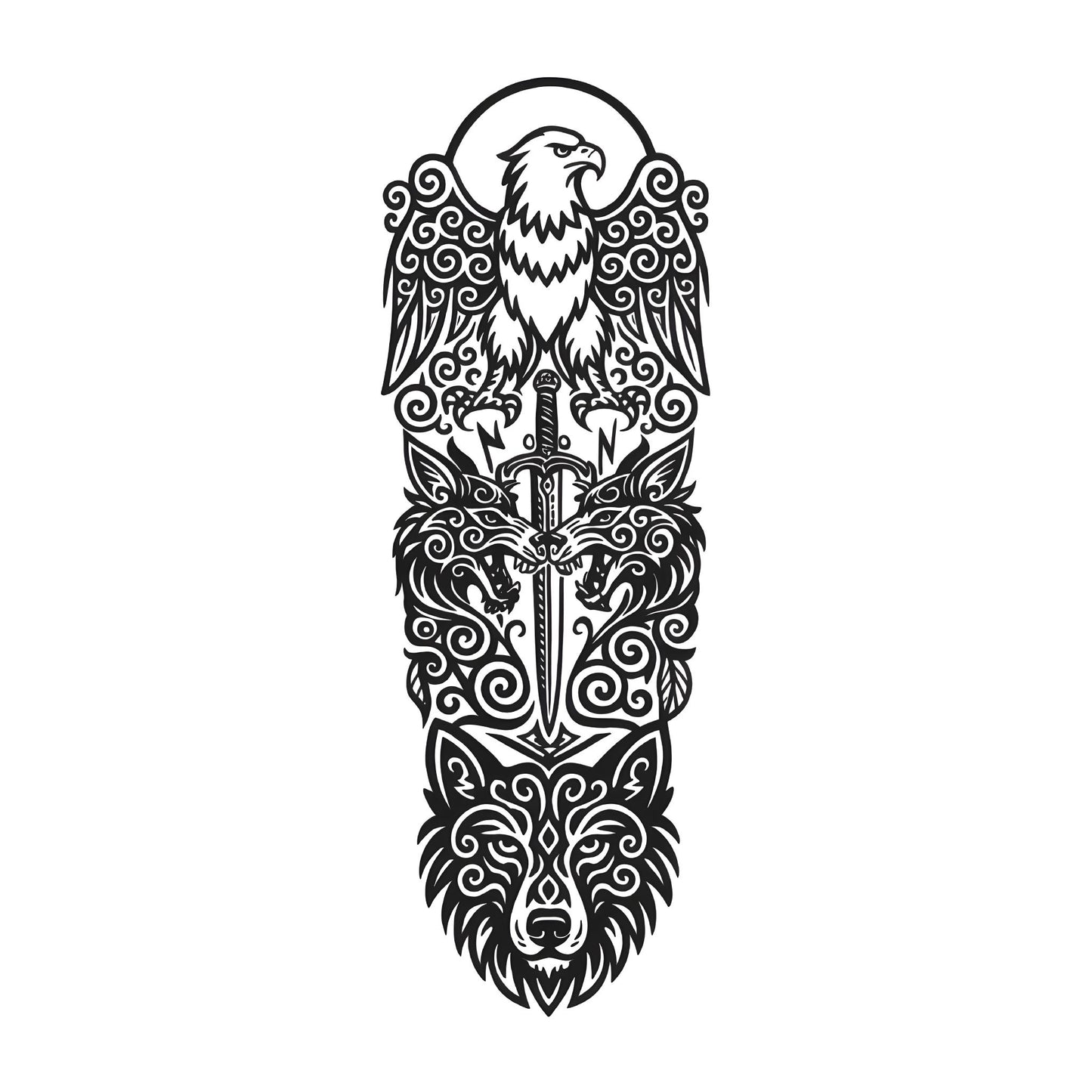 Eagle and Wolf Sword Sleeve Temporary Tattoo | 6 x 18 inch