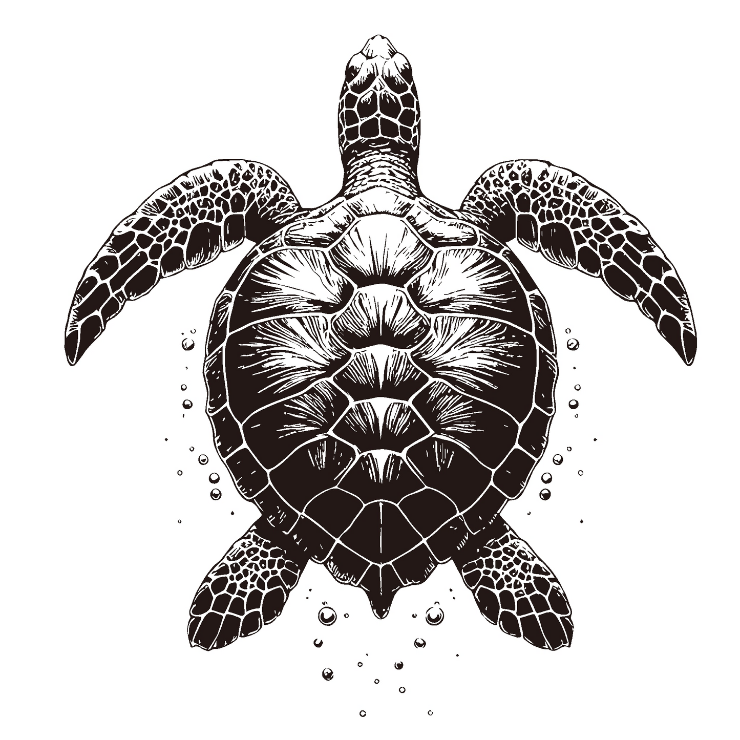 This temporary tattoo design presents a highly detailed, black and white illustration of a sea turtle viewed from above, surrounded by scattered bubbles. The artwork employs a classic etching or linocut style, characterized by intricate lines and cross-hatching to create texture, depth, and shading, giving the entire image a sophisticated and timeless appearance.
The sea turtle is the central and dominant element of the design. It is depicted in a natural swimming posture, with its four flippers extended o