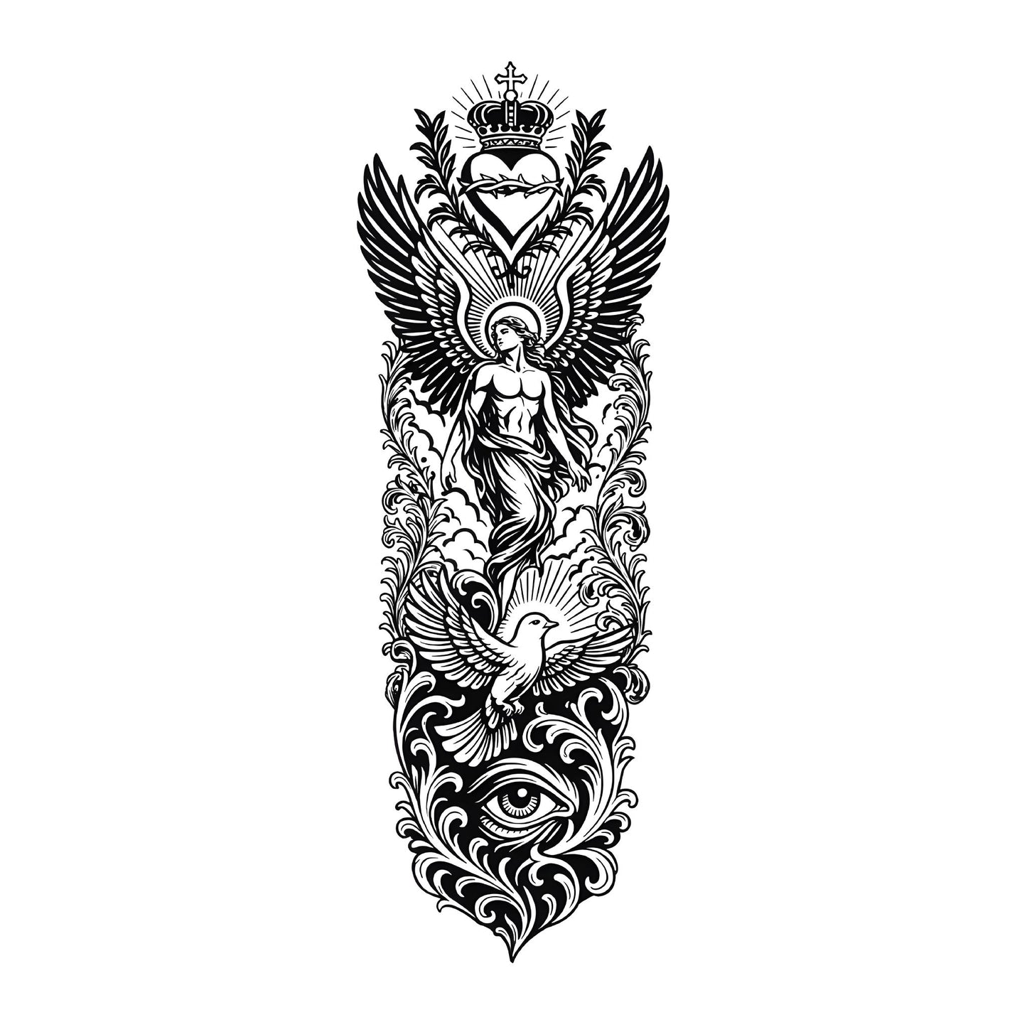 Sacred Angel and Dove Sleeve Temporary Tattoo | 6 x 18 inch