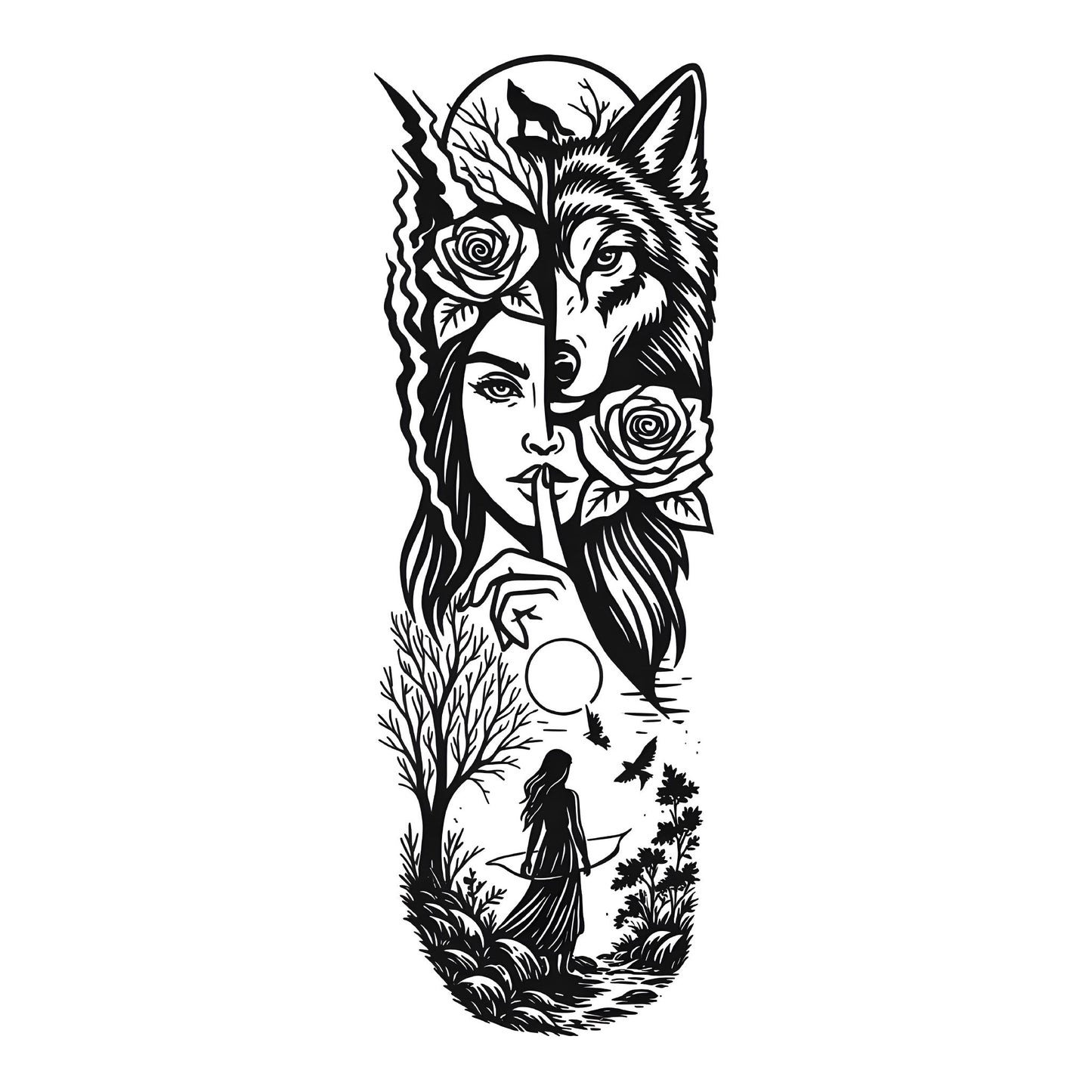 Wolf and Woman Sleeve Temporary Tattoo | 6 x 18 inch