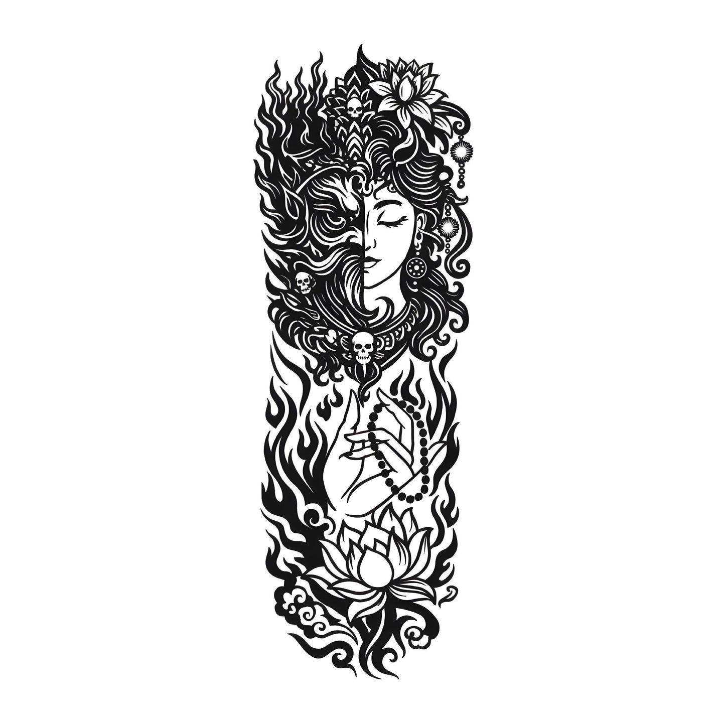Duality Lotus Skull Sleeve Temporary Tattoo | 6 x 18 inch