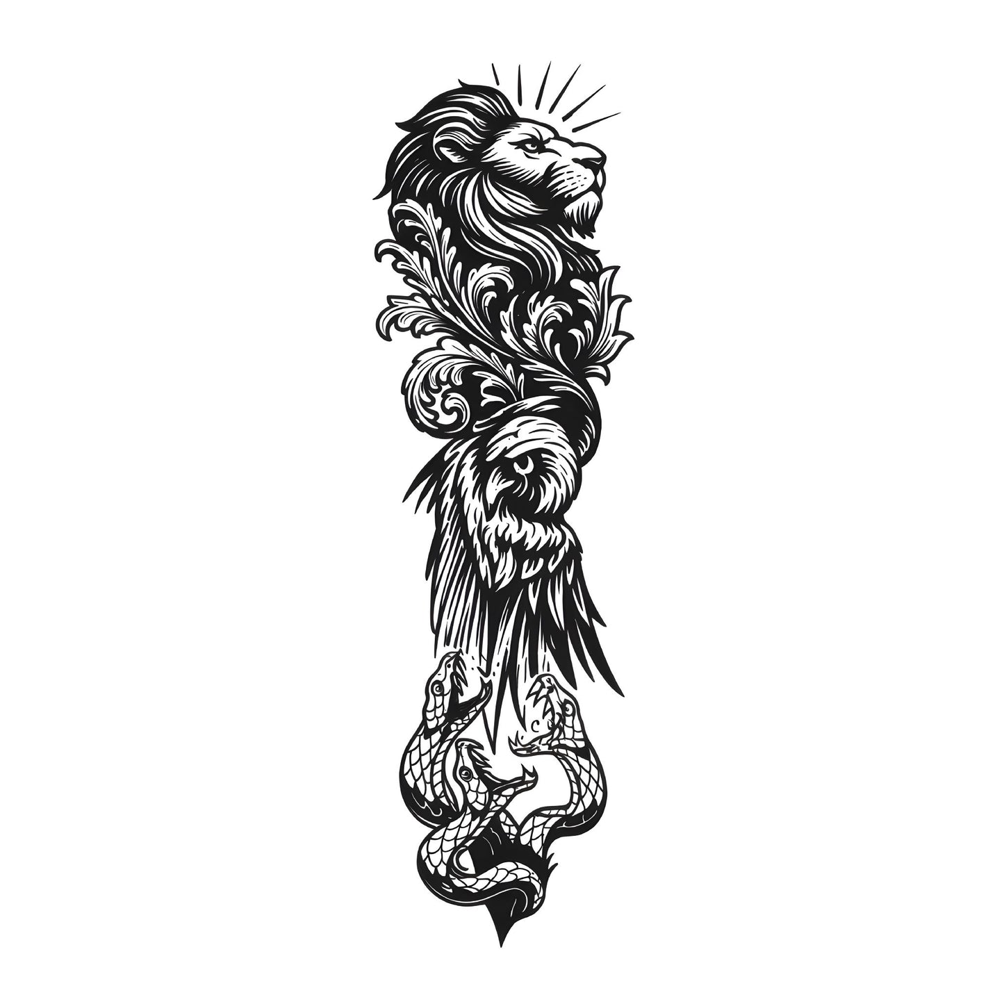 Lion and Snake Sleeve Temporary Tattoo | 6 x 18 inch