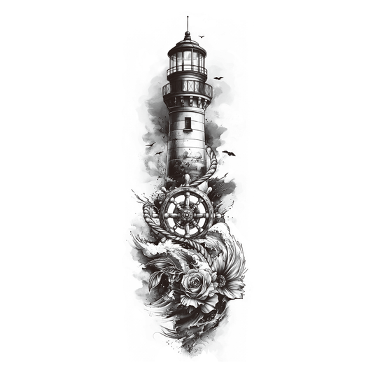SteezyInk Lighthouse Sleeve Temporary Tattoo. Nautical design with lighthouse, wheel, waves and roses.