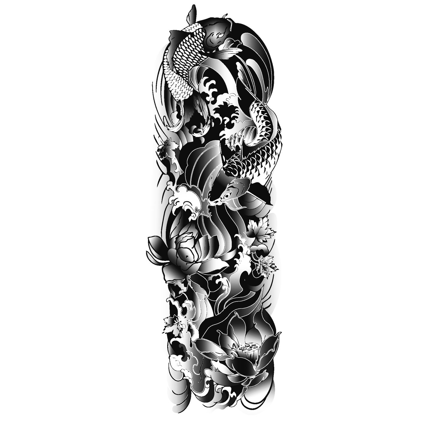 Detailed black and white illustration of a Japanese-style sleeve tattoo, featuring two koi fish swimming amidst waves and blooming lotus flowers. The artwork showcases intricate shading and flow.