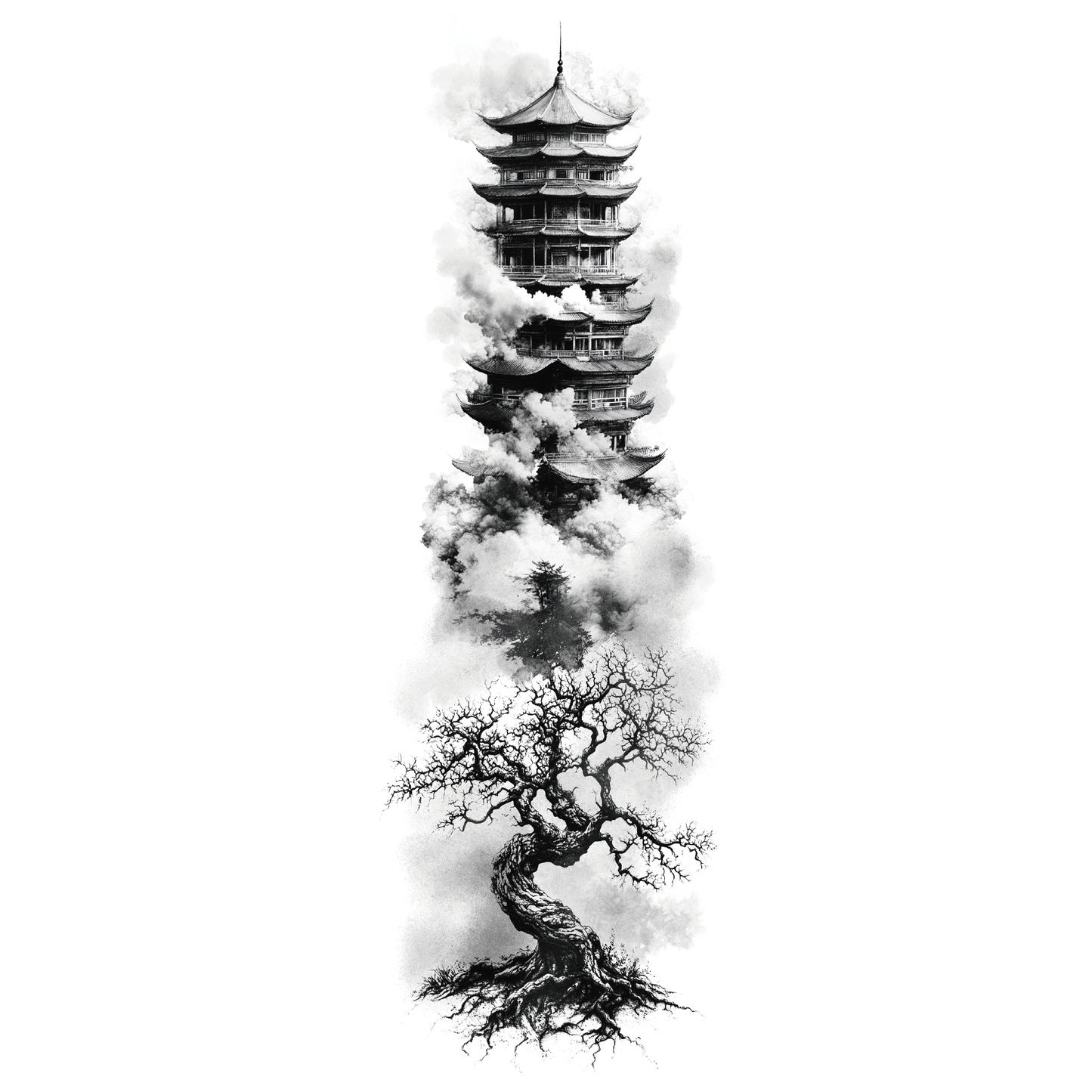 SteezyInk Bonsai Temple Sleeve Tattoo design featuring a pagoda and bonsai tree, perfect for expressing tranquility.