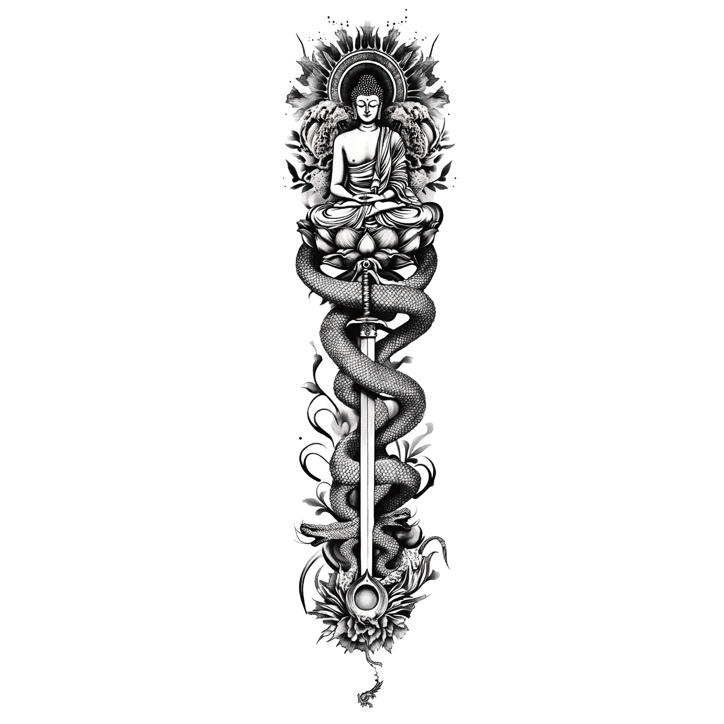 SteezyInk Buddha & Snake Sleeve Temporary Tattoo. Buddha on lotus with a snake around a sword.