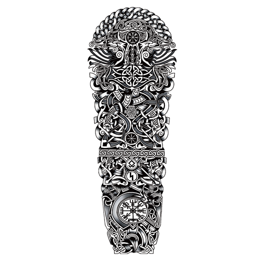 SteezyInk Tribal Sleeve Tattoo - Celtic Norse Knotwork with Helm of Awe - Temporary Tattoo