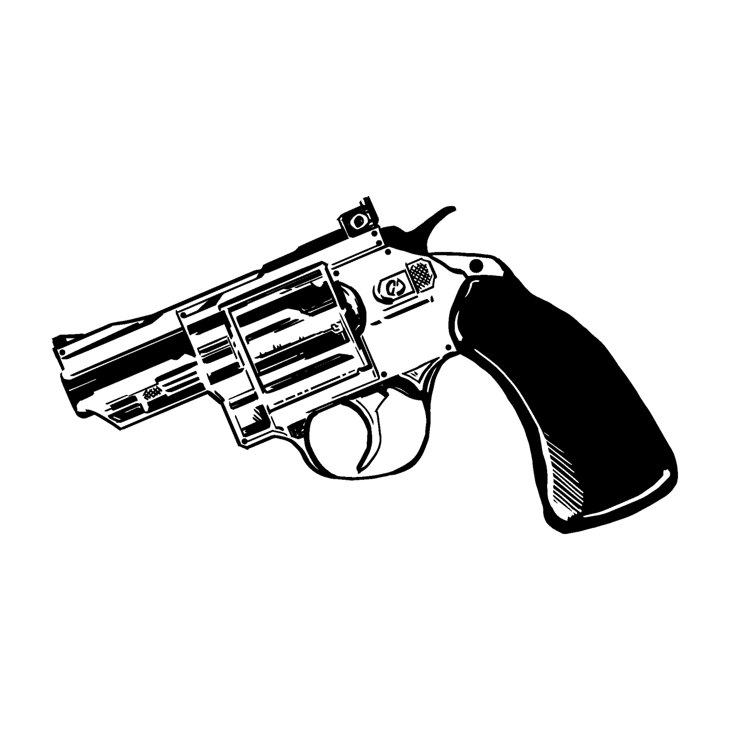 Classic Revolver Temporary Tattoo, 2 x 2 inch. Black and white design, perfect for minimalist style.