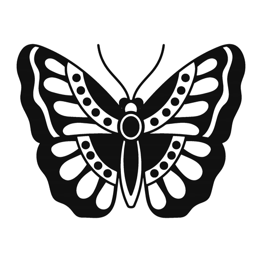 Ornate butterfly temporary tattoo in black and white, SteezyInk PureBlack™ Ink, lasting up to two weeks.