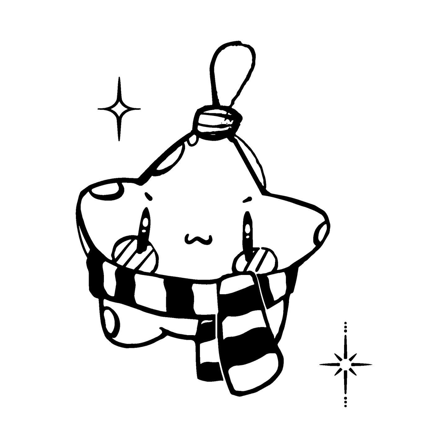 SteezyInk Cozy Star temporary tattoo design, 2x2 inch, black and white, cute star in scarf