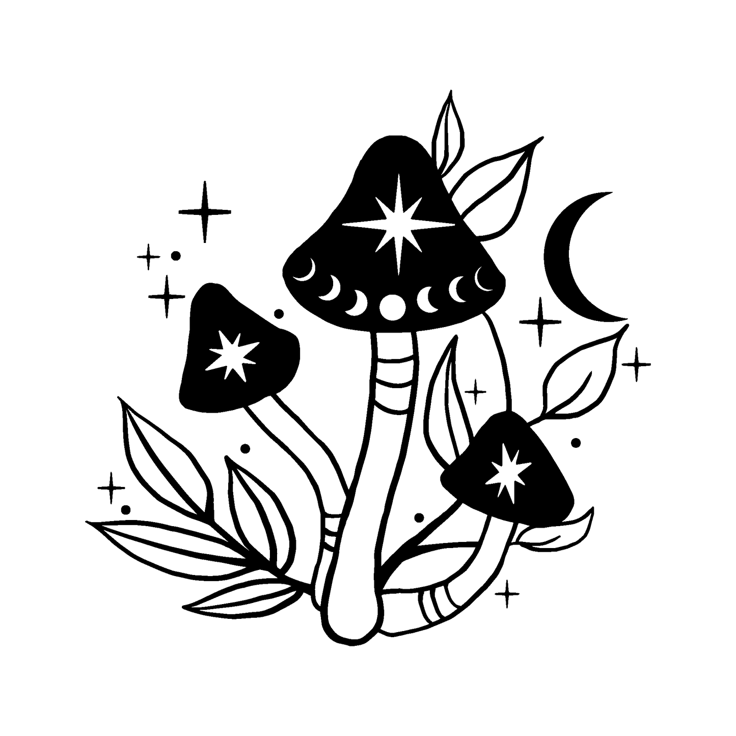 SteezyInk Lunar Glow Mushrooms Temporary Tattoo design. Black mushrooms, moon phases, and stars.