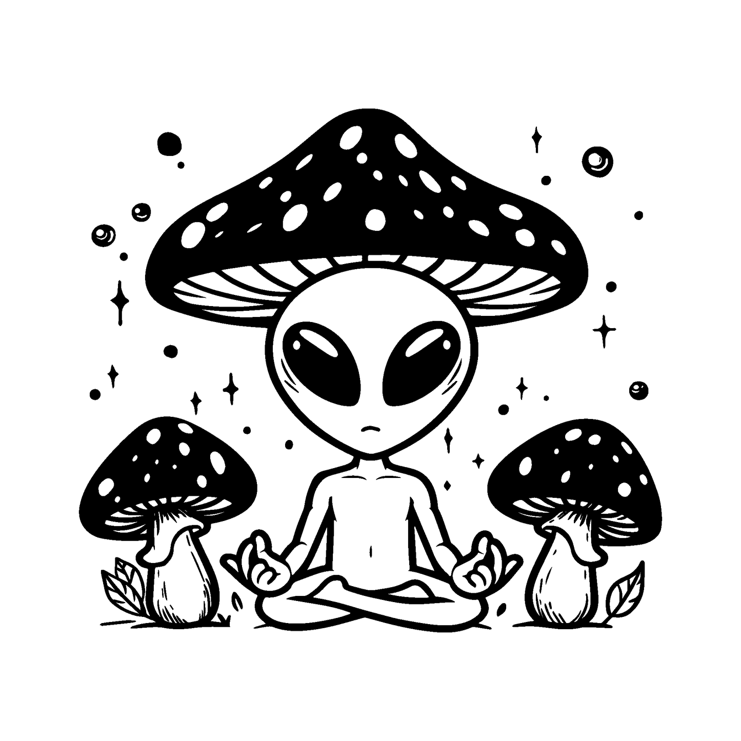 Mushroom Mystic Temporary Tattoo featuring a meditating alien with celestial symbols.