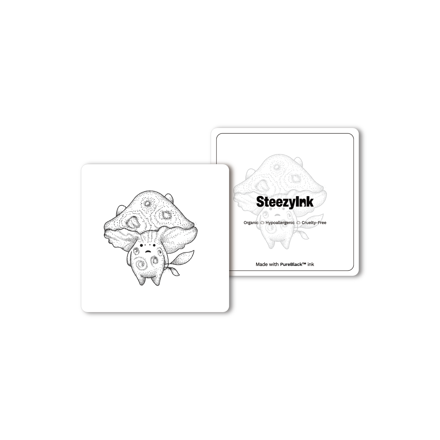 Shroom Pack temporary tattoo design featuring whimsical mushroom characters, SteezyInk product
