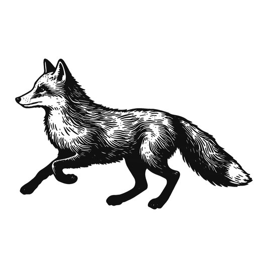 SteezyInk Running Fox Temporary Tattoo: Detailed black and white fox illustration, symbolizing agility and wisdom.