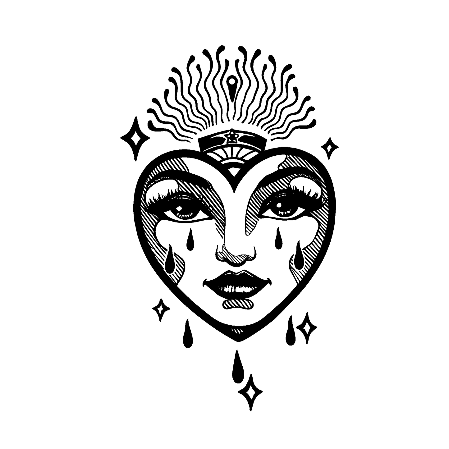 Heart Queen Temporary Tattoo by SteezyInk: Black heart face, teardrops, and mystical details, temporary body art
