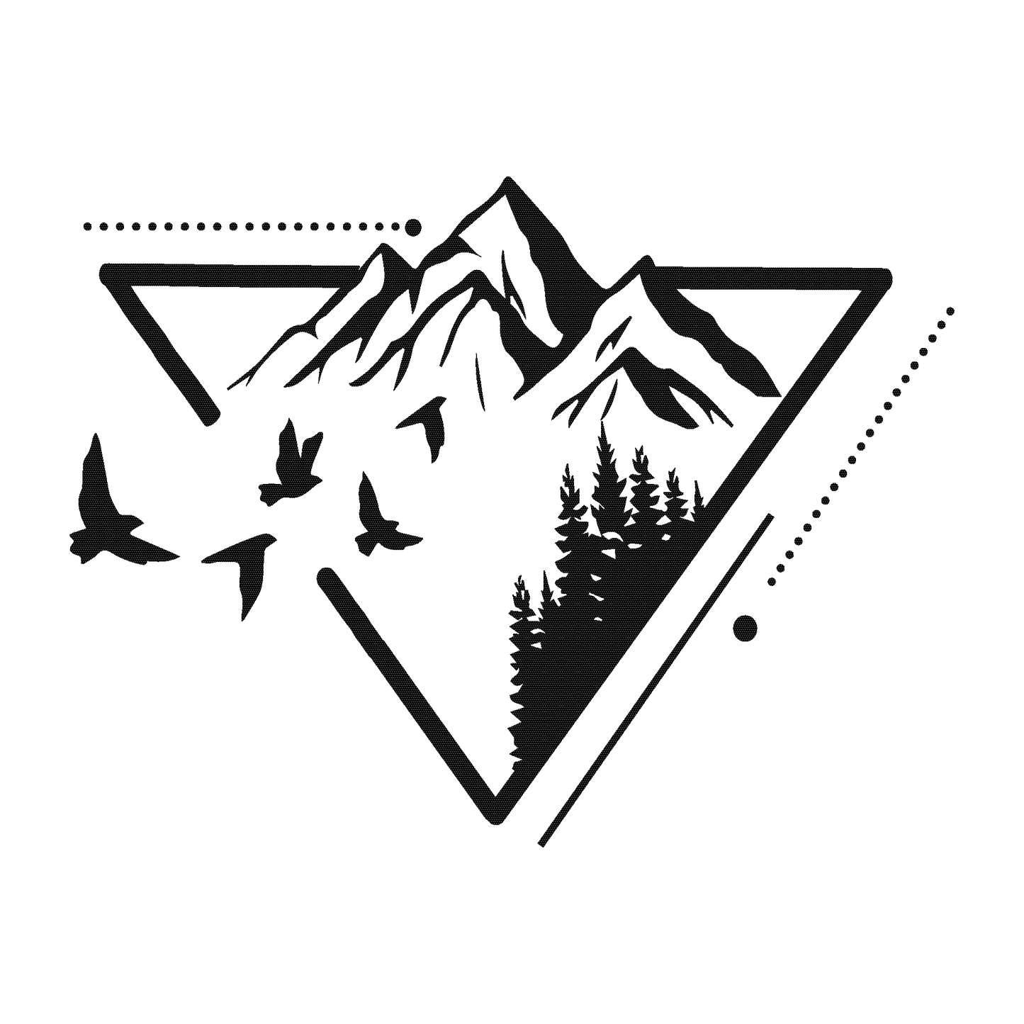 SteezyInk Mountain Serenity temporary tattoo. Geometric mountain with birds and forest silhouette, perfect for nature lovers.