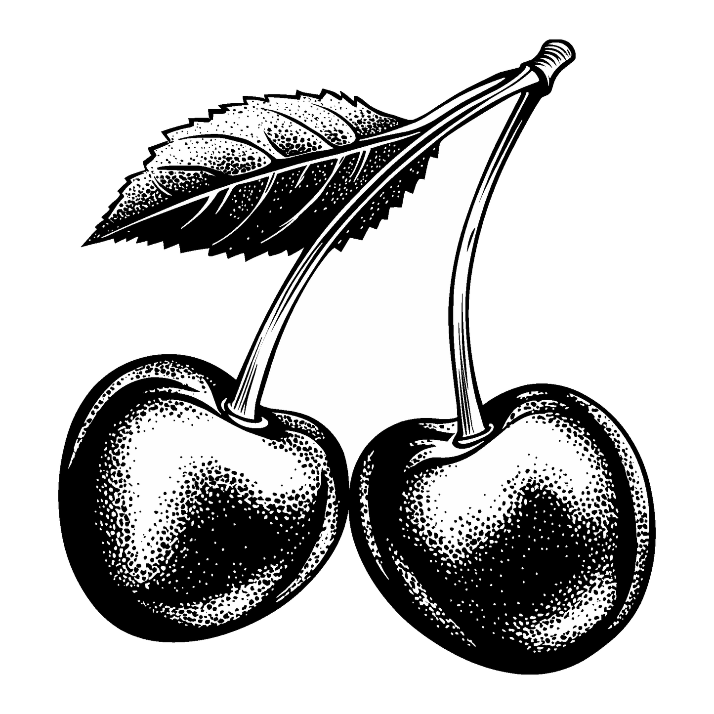 SteezyInk Twin Cherries Temporary Tattoo design, stippled black illustration, symbolizes sweetness and love.