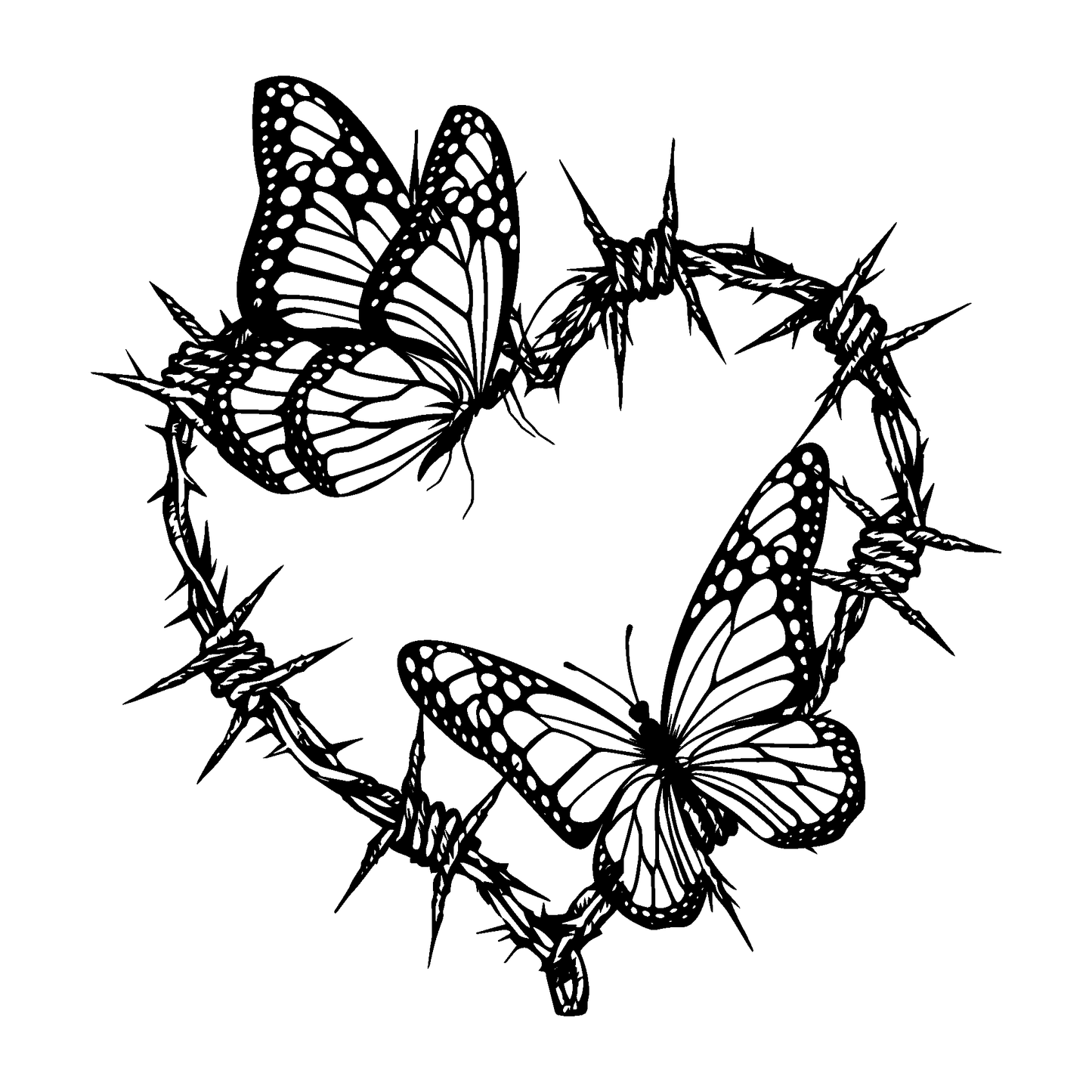 Butterfly and barbed wire heart temporary tattoo design, representing resilience and love. From SteezyInk.