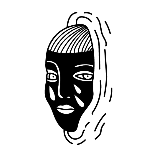 SteezyInk Masked Mirage Temporary Tattoo design. Black face with flowing lines and tears, ideal for introspective themes.