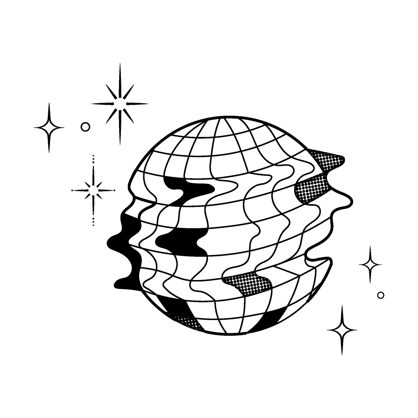 SteezyInk Distorted Disco Ball v2 Temporary Tattoo: Black and white globe design with grids and celestial motifs.