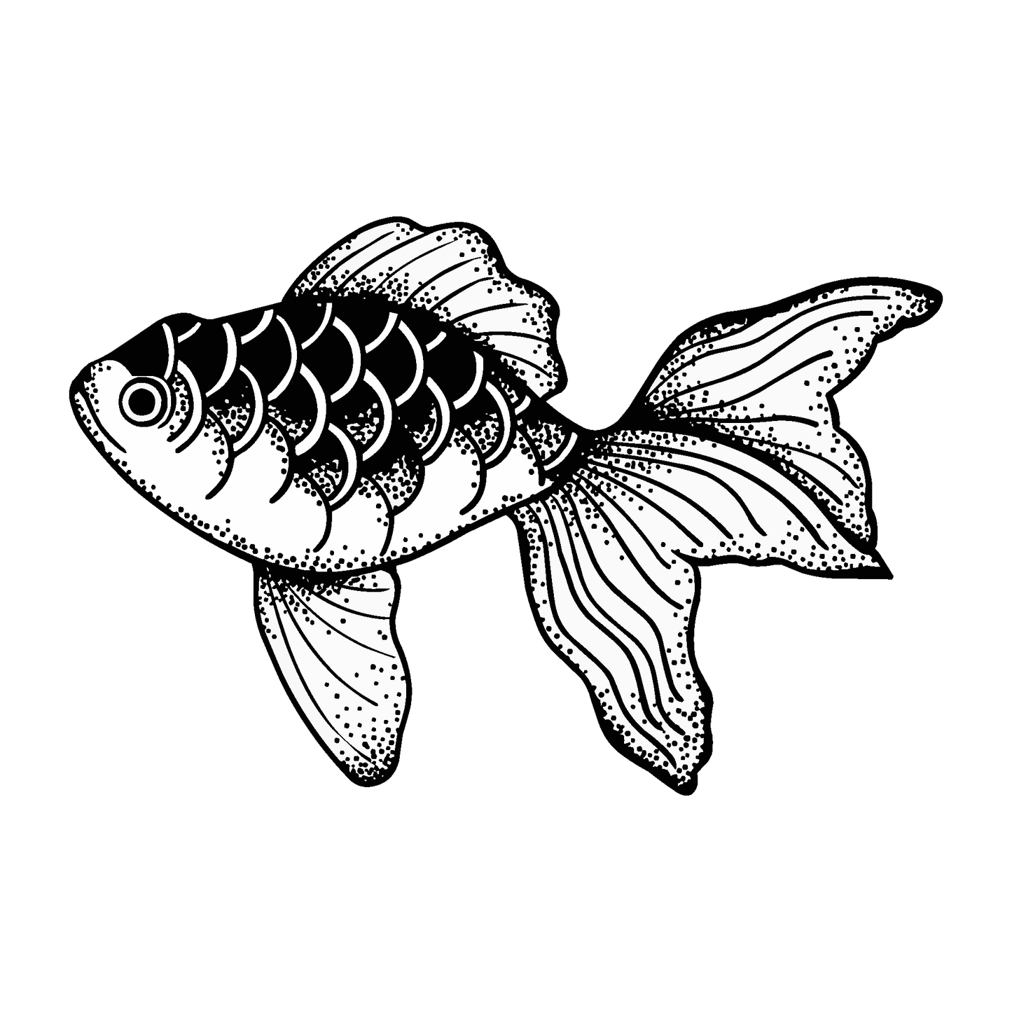 Goldfish temporary tattoo design in black and white, 3x3 inch, symbolizing transformation and serenity.