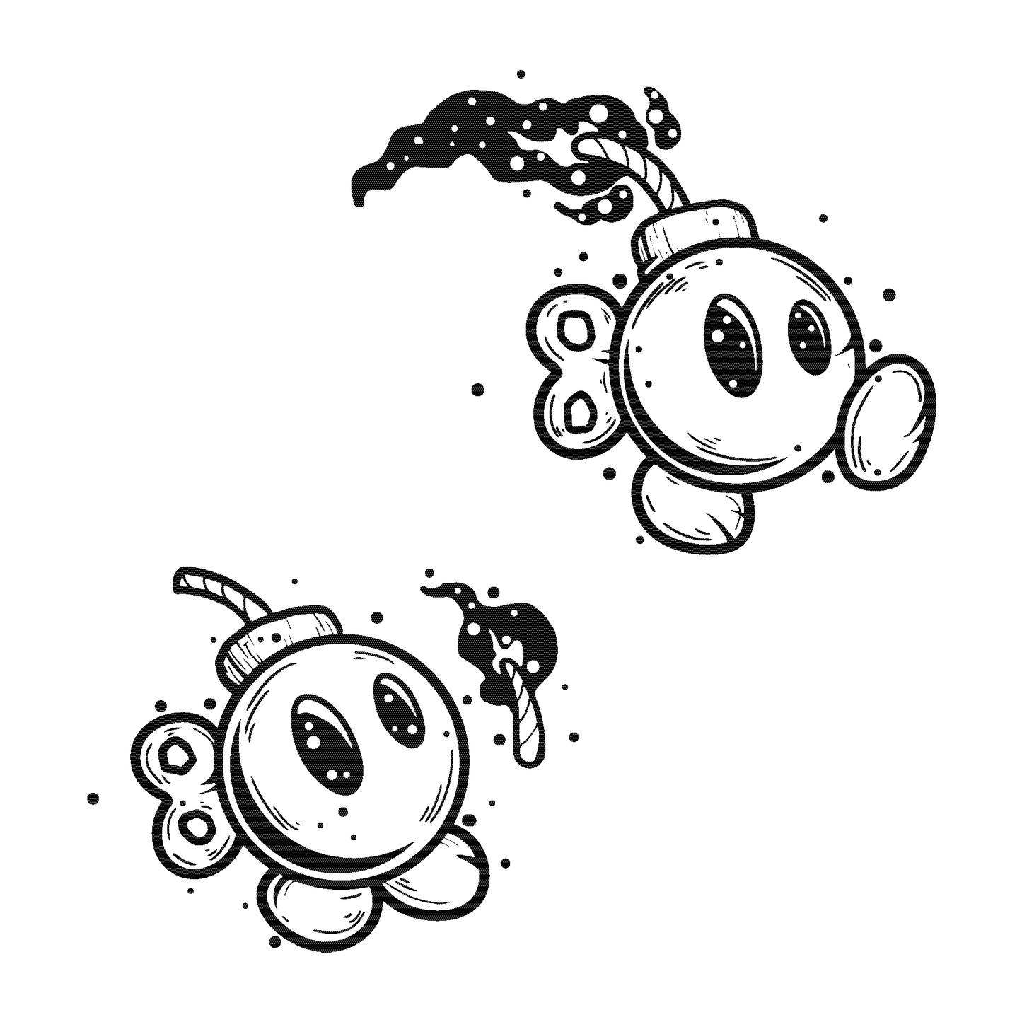 SteezyInk Playful Bombs Temporary Tattoo: Cartoon bomb design, black ink, quirky style.