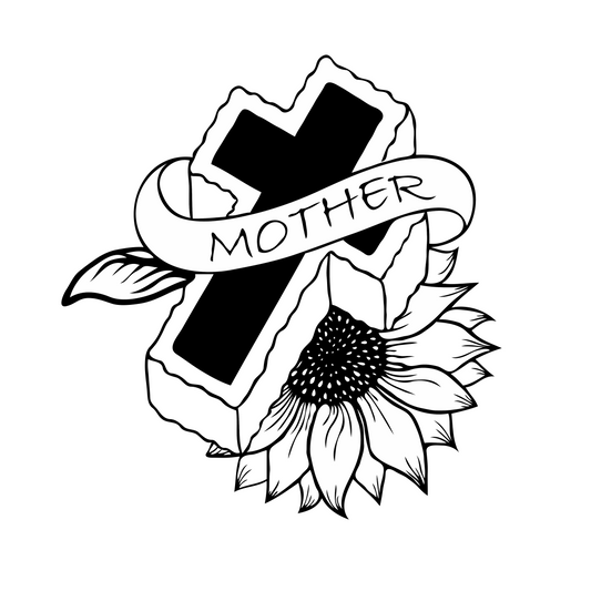 Forever Mother temporary tattoo featuring a cross, sunflower, and ribbon with MOTHER text, perfect for remembrance