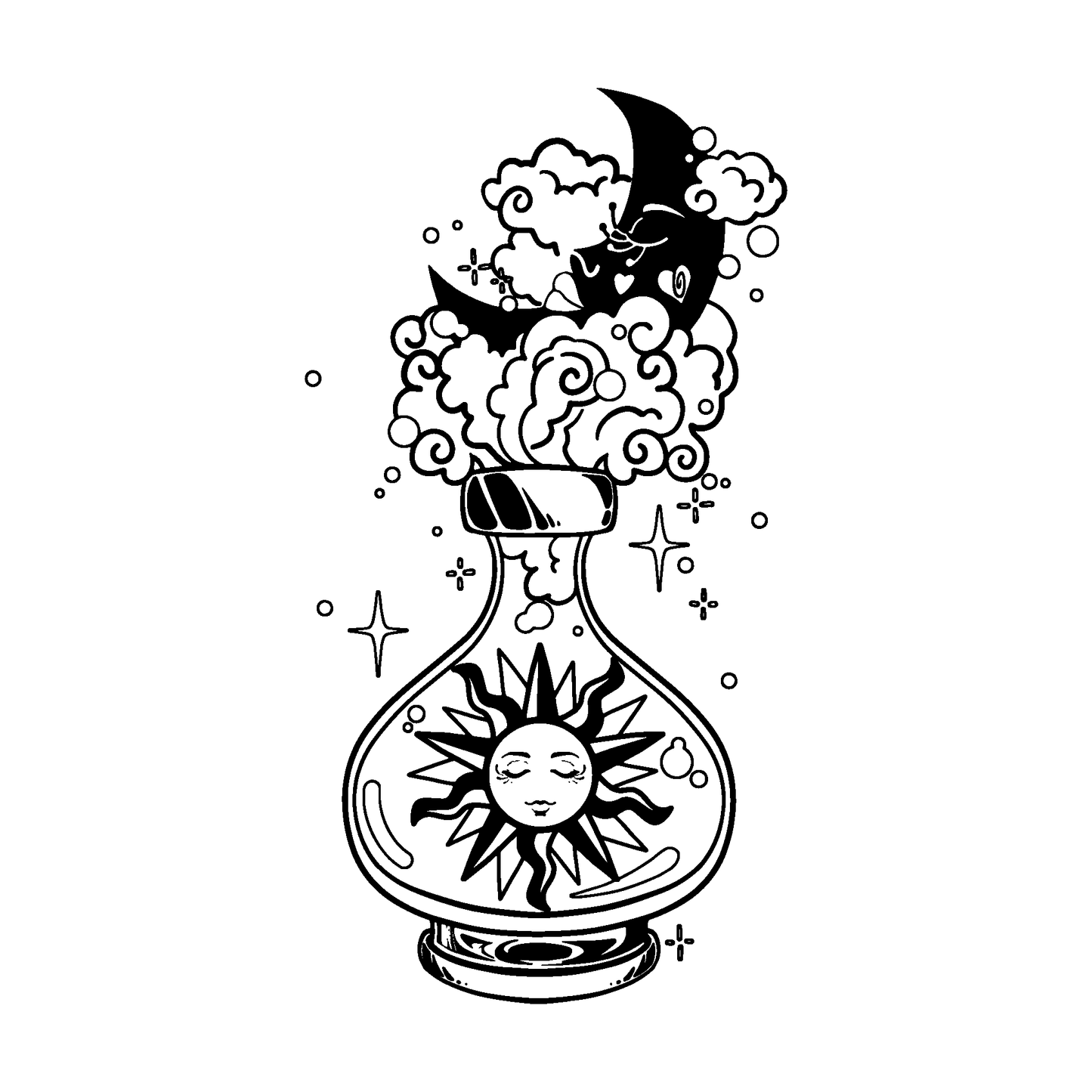 Sun and Moon Potion temporary tattoo design. Celestial balance and whimsical aesthetics.