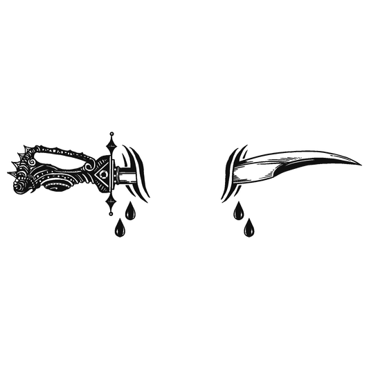 Split Dagger Temporary Tattoo design, featuring a detailed hilt and blade with blood drops, SteezyInk