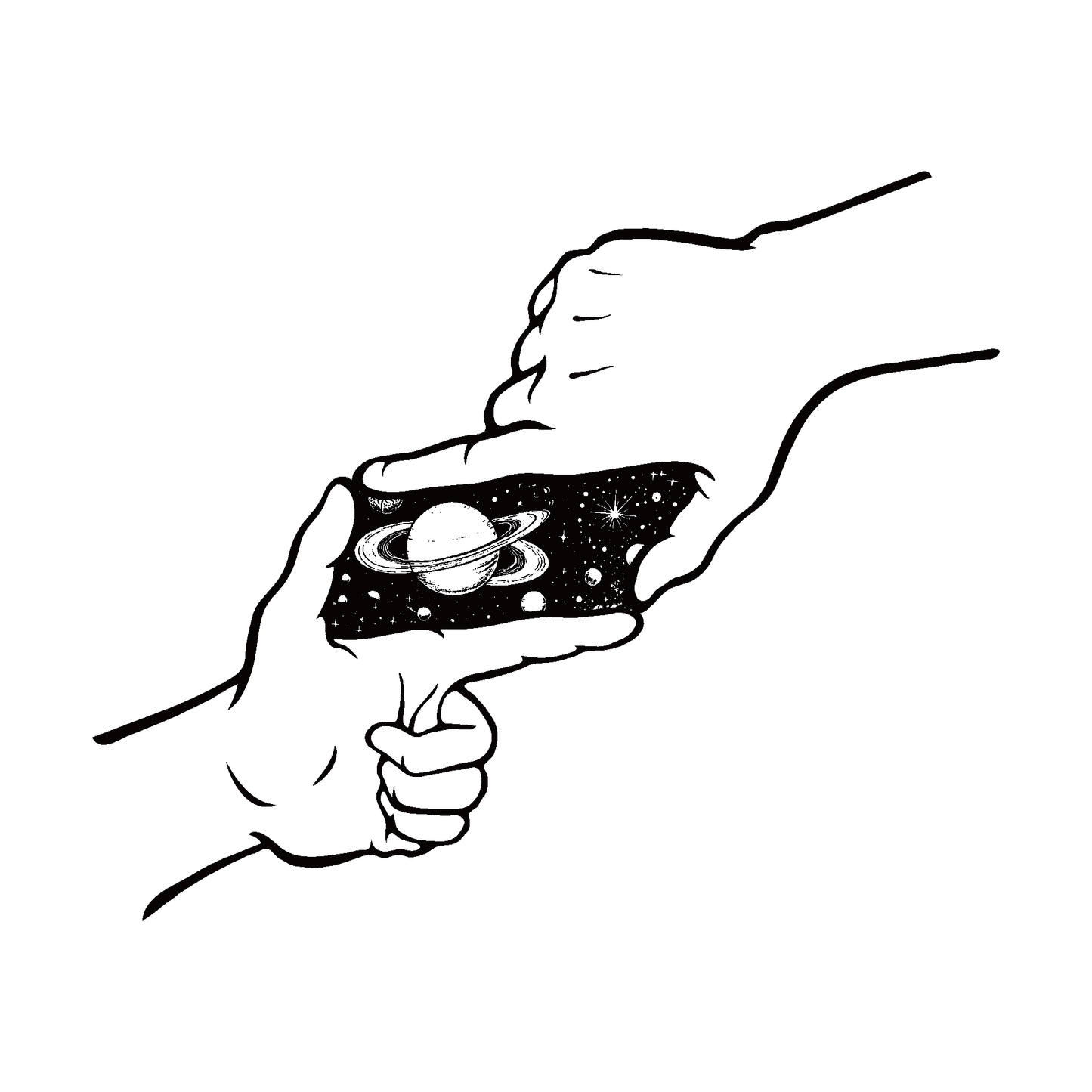 SteezyInk Universe Peek temporary tattoo design, hands framing a cosmic galaxy scene. Lasts up to two weeks.