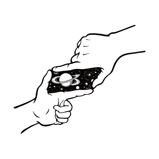 SteezyInk Universe Peek temporary tattoo design, hands framing a cosmic galaxy scene. Lasts up to two weeks.