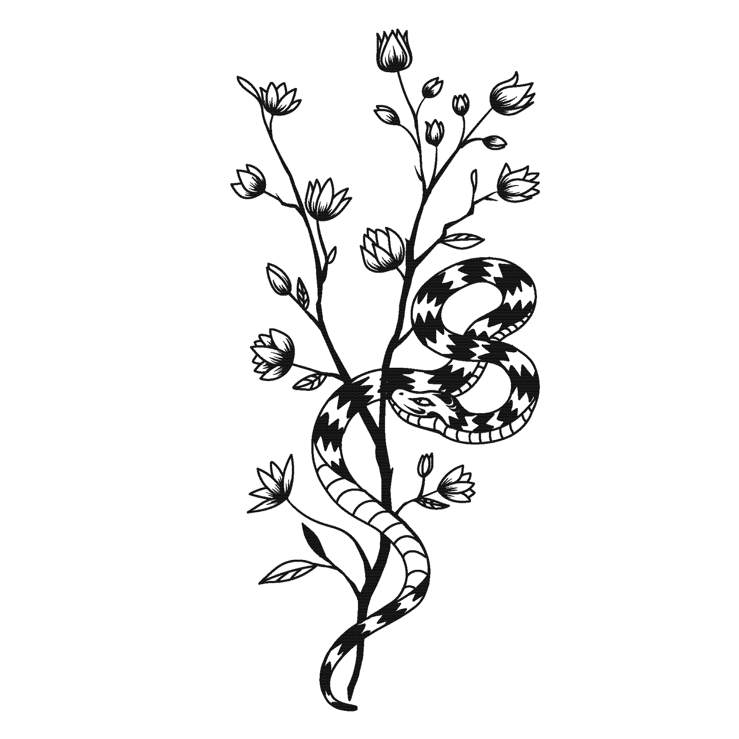 SteezyInk Serpent Bloom Temporary Tattoo: Black snake entwined with flowers, symbolizing strength and beauty.