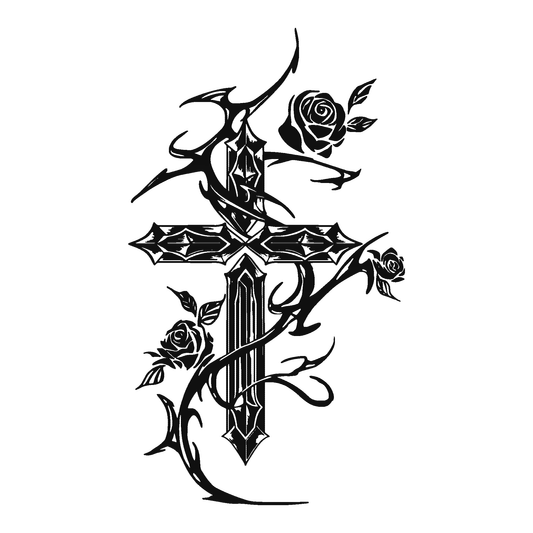 SteezyInk Thorned Cross Temporary Tattoo, black gothic cross with roses and thorns.