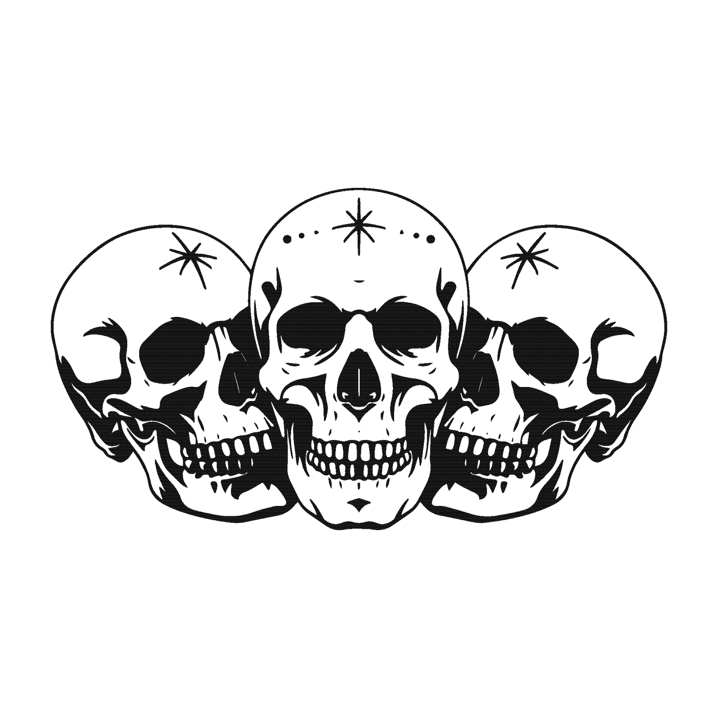 SteezyInk Three Skulls Temporary Tattoo design in black and white, perfect for a dark style.