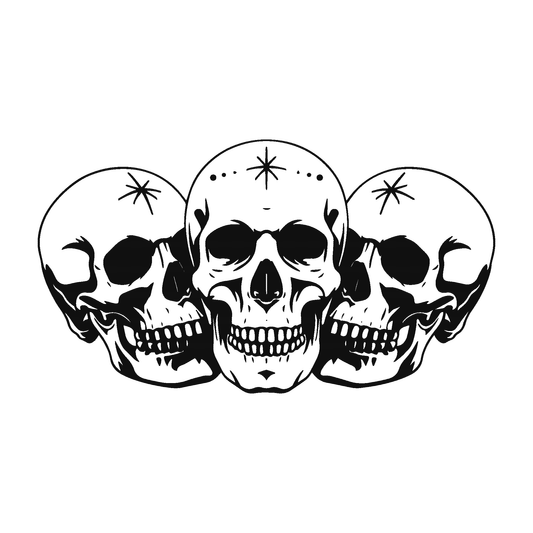 SteezyInk Three Skulls Temporary Tattoo design in black and white, perfect for a dark style.