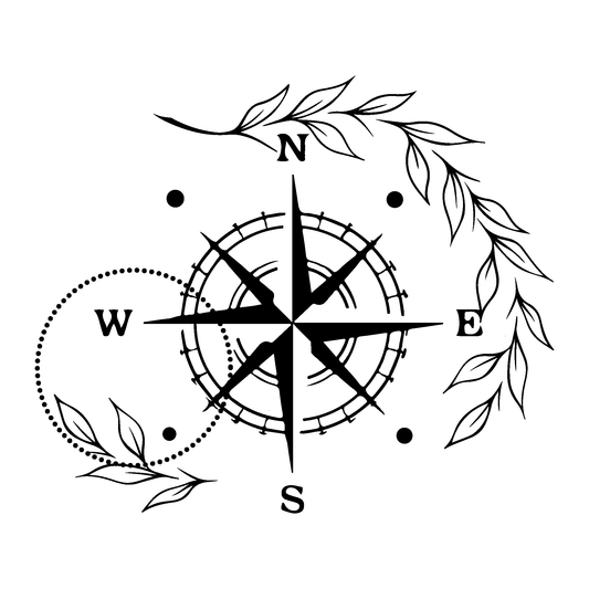 SteezyInk Compass Rose Temporary Tattoo design. Black and white illustration with leaves and directional markers