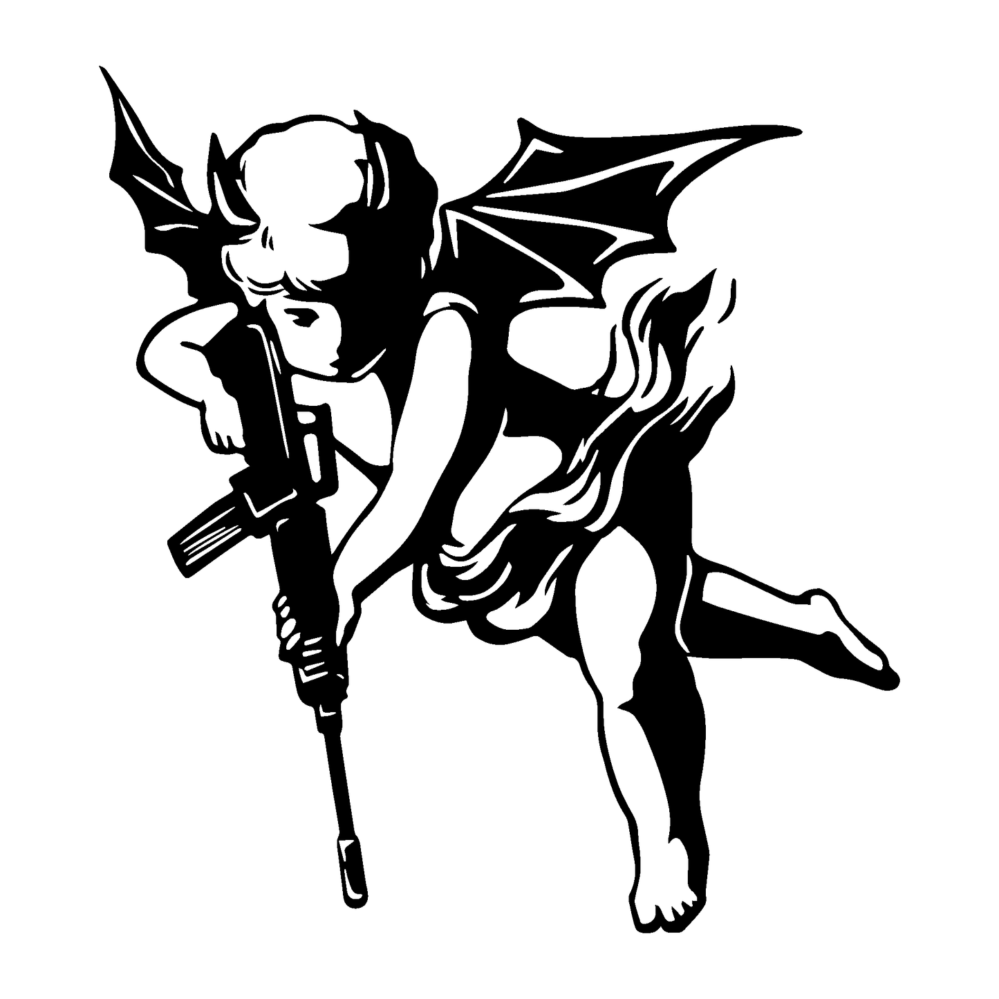 Fallen Guardian temporary tattoo, black cherub with wings and rifle, SteezyInk