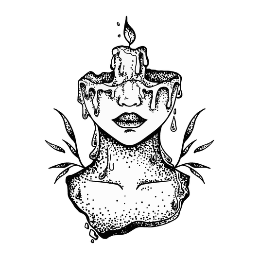 SteezyInk Candlelit Expression Temporary Tattoo. Woman's face melting into candle, representing time and inner change.