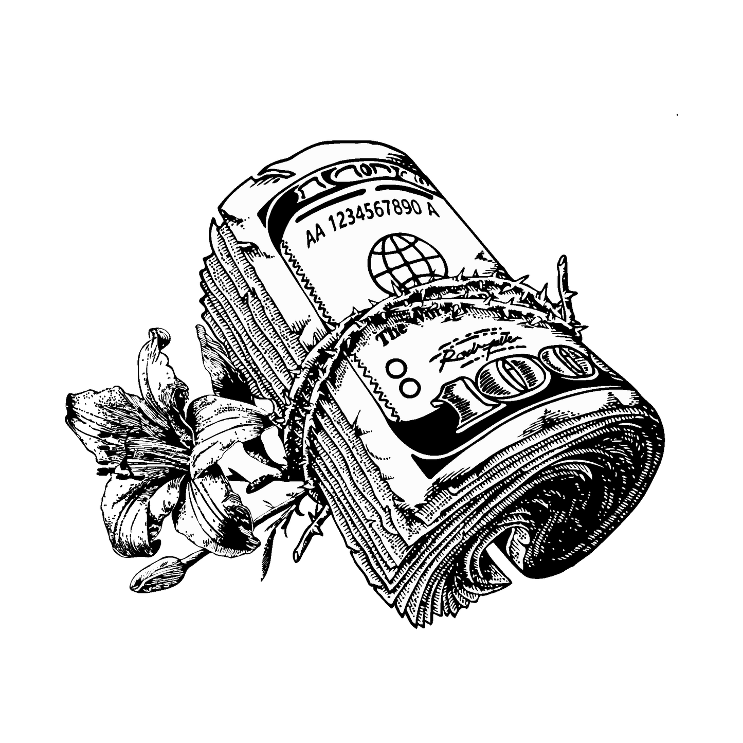 SteezyInk Thorns and Riches Tattoo: Hundred-dollar bills in barbed wire with lily flower, wealth & struggle.