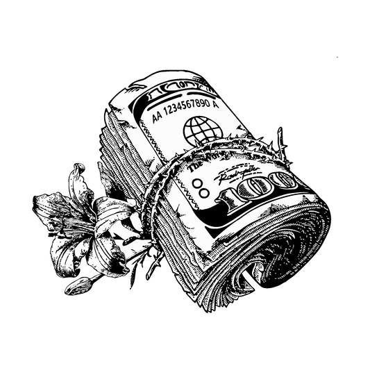 SteezyInk Thorns and Riches Tattoo: Hundred-dollar bills in barbed wire with lily flower, wealth & struggle.