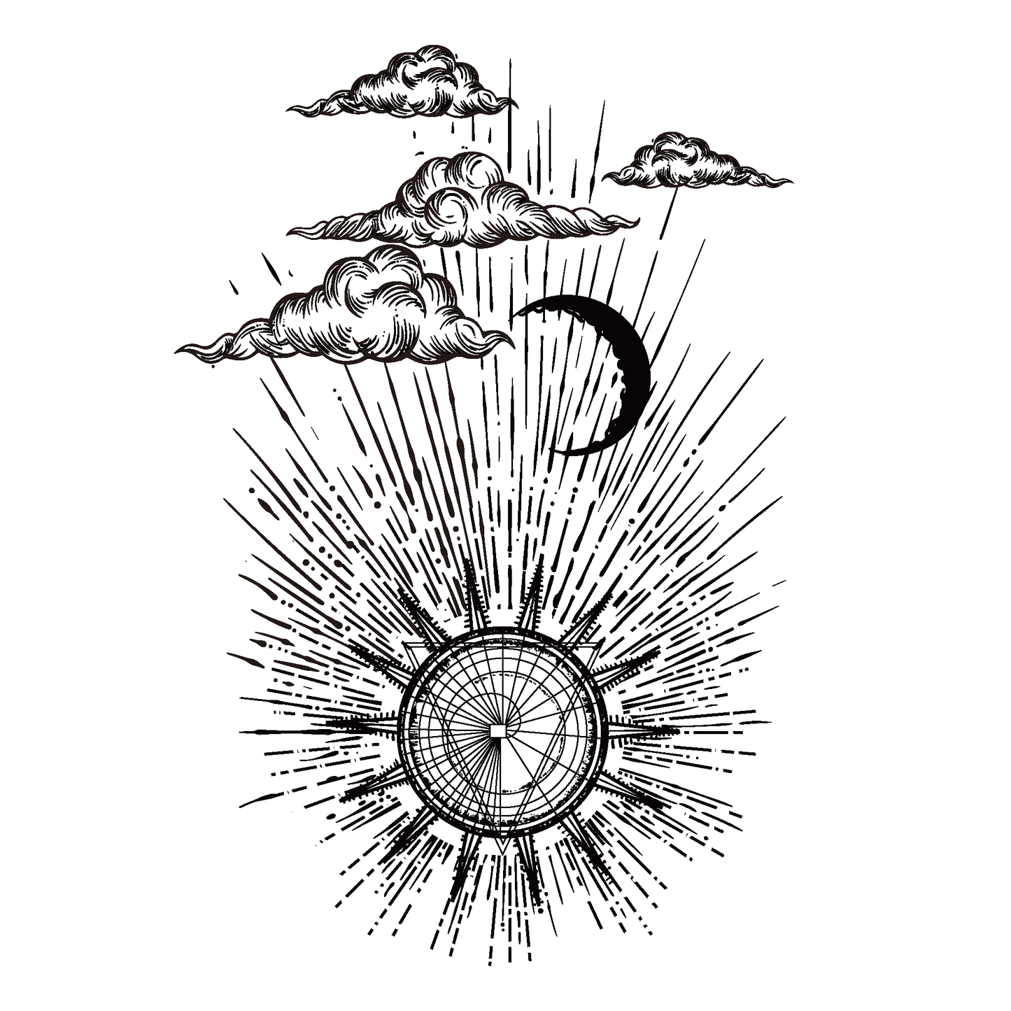 Sun, moon, and cloud temporary tattoo design, featuring detailed black and white illustration, cosmic theme, balance.