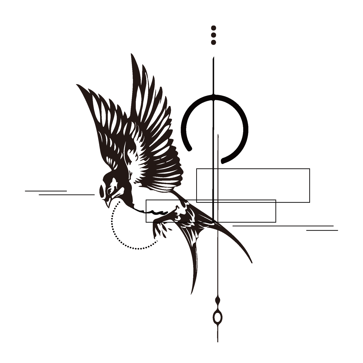 Abstract Swallow Temporary Tattoo - Black and White Bird Design, SteezyInk 6.5x6.5 inch