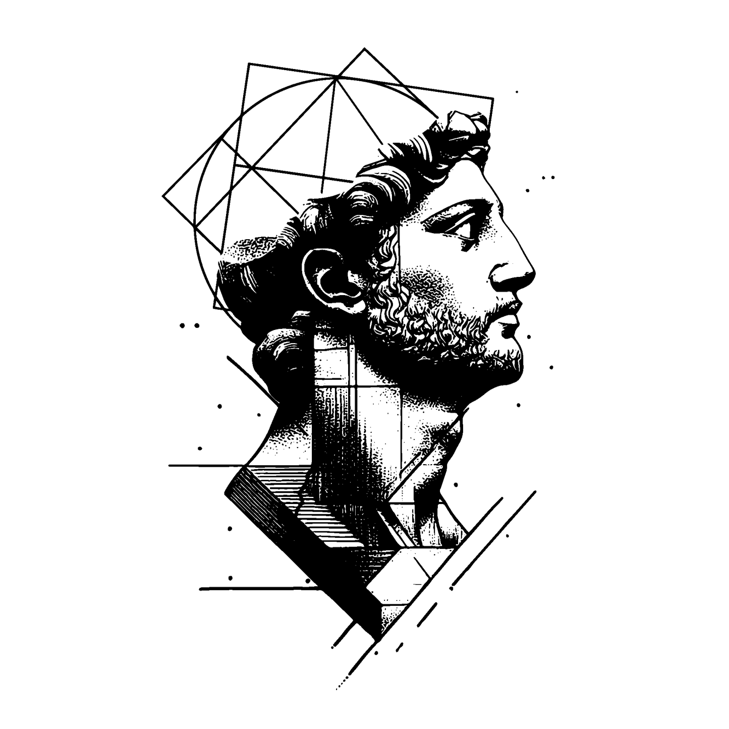 SteezyInk Roman Sculpture Temporary Tattoo: 6.5x6.5 inch, Roman bust with geometric design, PureBlack ink.