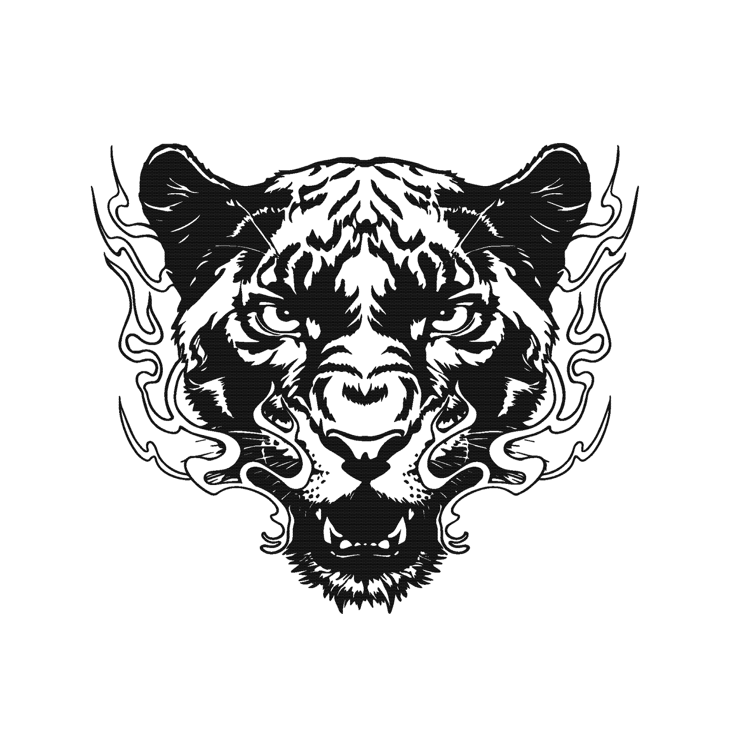 Fierce tiger face temporary tattoo in black and white, surrounded by flames, showcasing strength and courage.