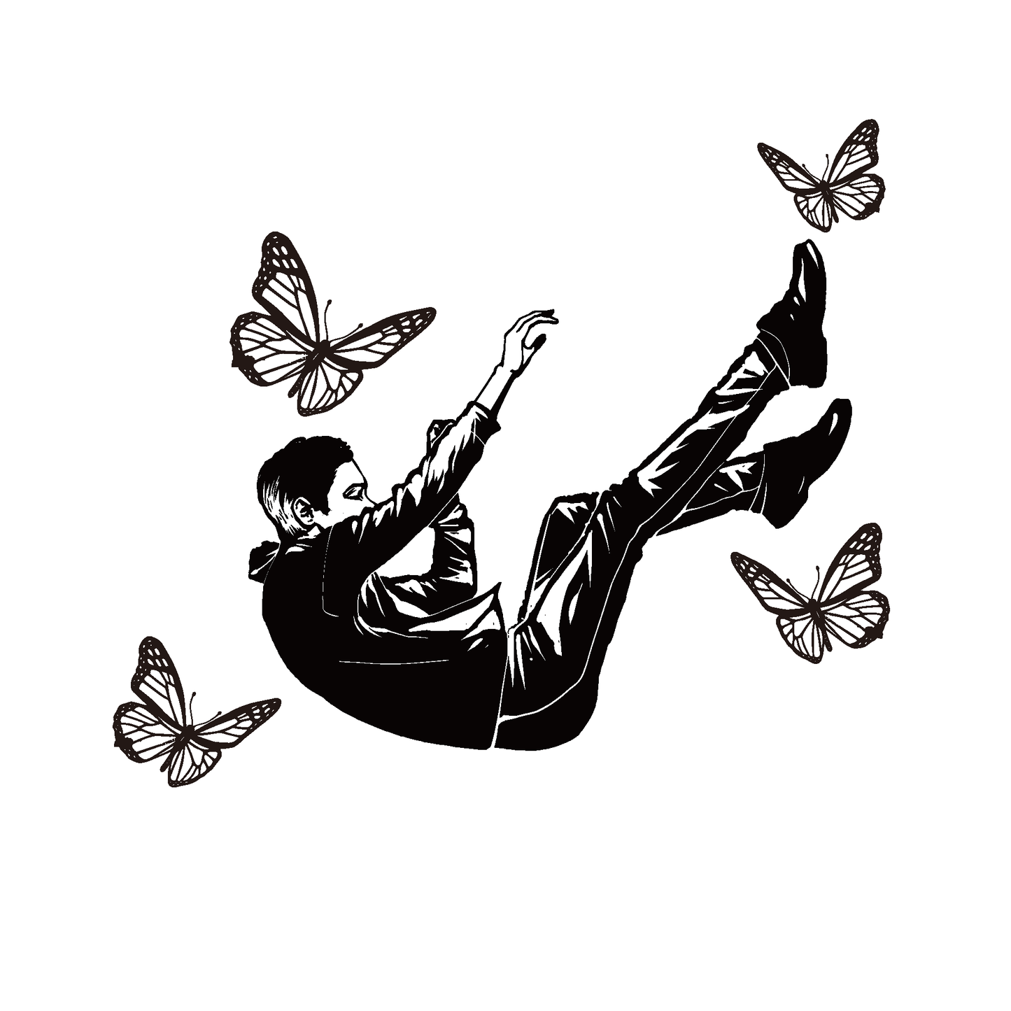 SteezyInk Butterfly Descent temporary tattoo, black and white illustration with falling man and butterflies.