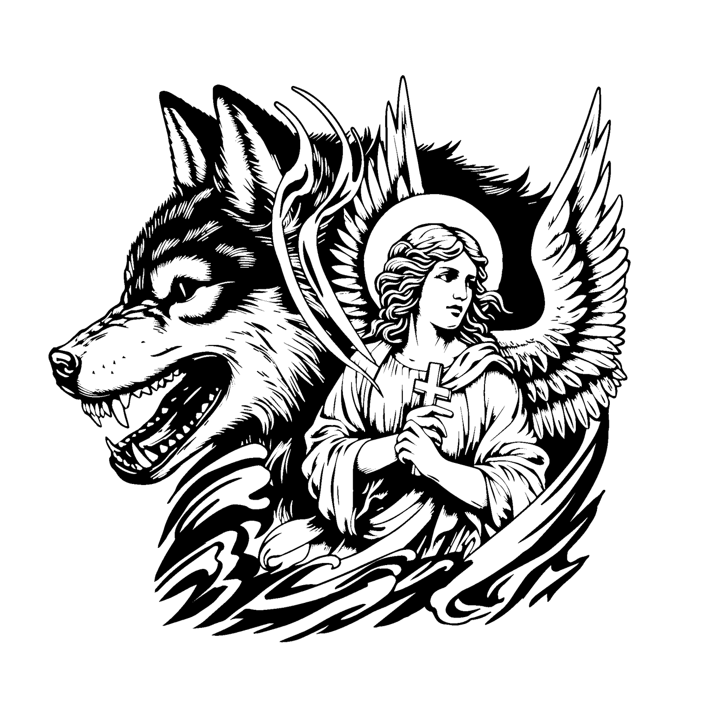 Heaven and Howl Temporary Tattoo - Wolf and Angel Design