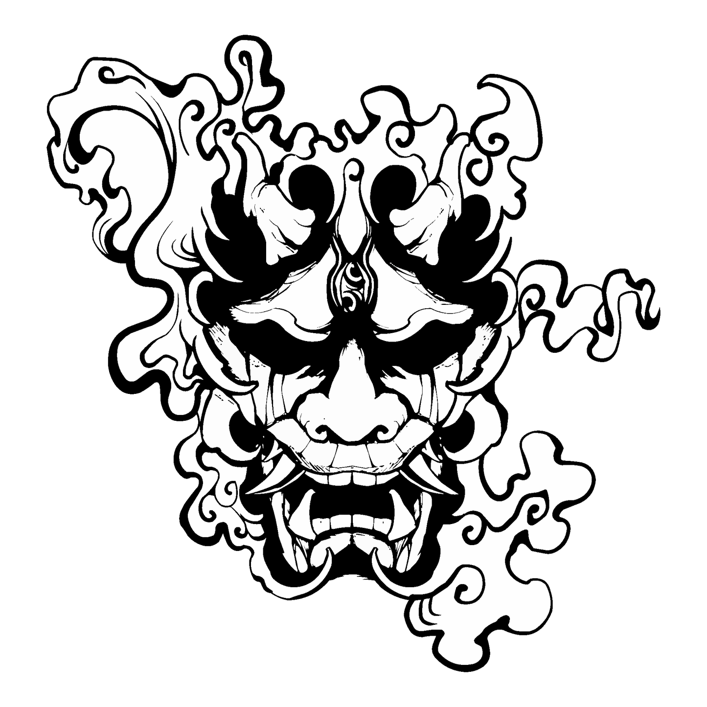SteezyInk Smoked Oni Mask Temporary Tattoo: Black and white Oni mask design with smoke details, Japanese folklore art.